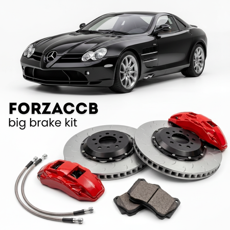 Black McLaren Mercedes-Benz SLR 722 Edition R199 (2006-2009) shown above a ForzaCCB iron rotor big brake kit with 2x red 6-piston front calipers, 2x two-piece floating ventilated brake discs 380 mm, set of brake pads, and brake lines.