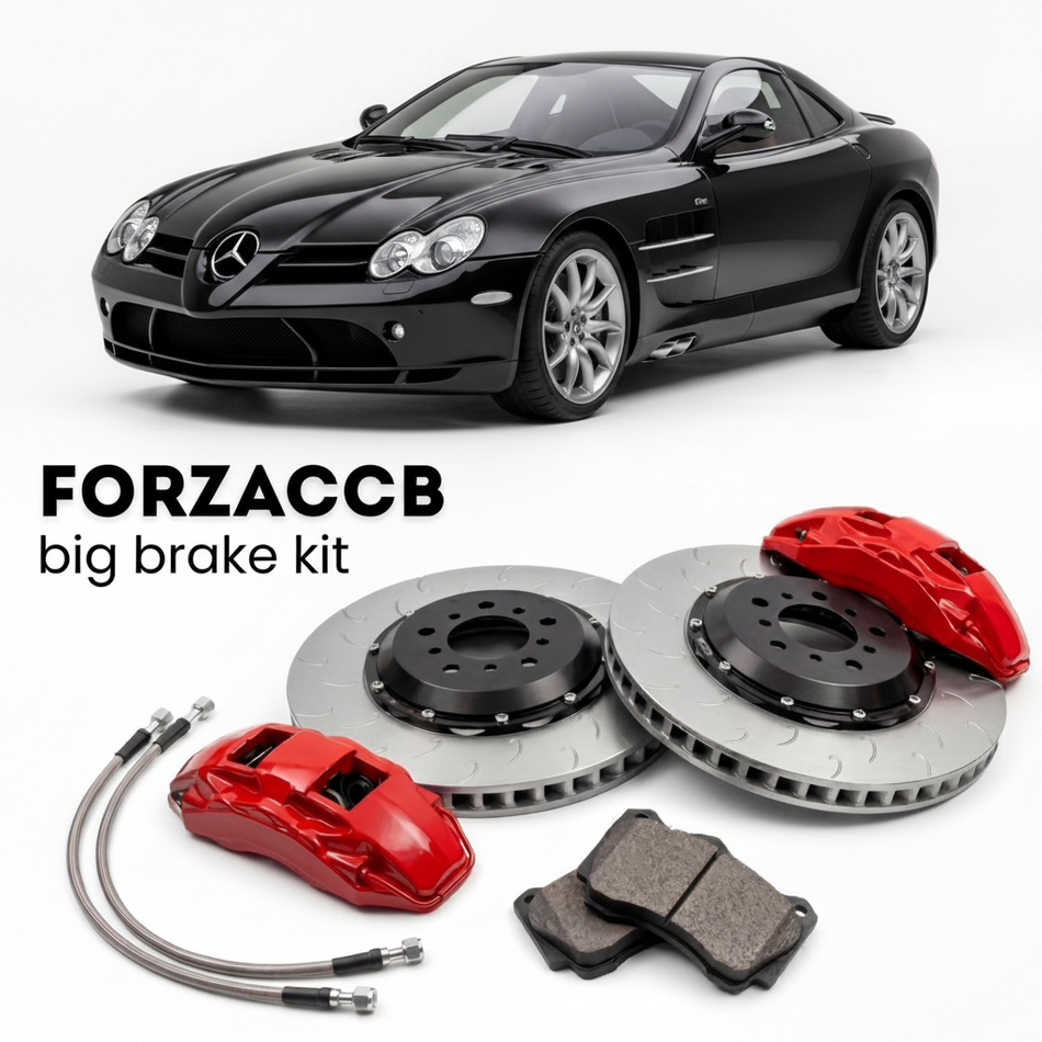 Black McLaren Mercedes-Benz SLR 722 Edition R199 (2006-2009) shown above a ForzaCCB iron rotor big brake kit with 2x red 6-piston front calipers, 2x two-piece floating ventilated brake discs 380 mm, set of brake pads, and brake lines.