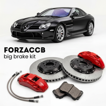 Black McLaren Mercedes-Benz SLR R199 (2003-2010) shown above a ForzaCCB iron rotor big brake kit with 2x red 6-piston front calipers, 2x two-piece floating ventilated brake discs 380 mm, set of brake pads, and brake lines.