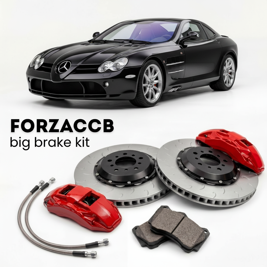 Black McLaren Mercedes-Benz SLR R199 (2003-2010) shown above a ForzaCCB iron rotor big brake kit with 2x red 6-piston front calipers, 2x two-piece floating ventilated brake discs 380 mm, set of brake pads, and brake lines.