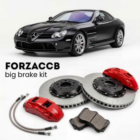 Black McLaren Mercedes-Benz SLR R199 (2003-2010) shown above a ForzaCCB iron rotor big brake kit with 2x red 6-piston front calipers, 2x two-piece floating ventilated brake discs 380 mm, set of brake pads, and brake lines.