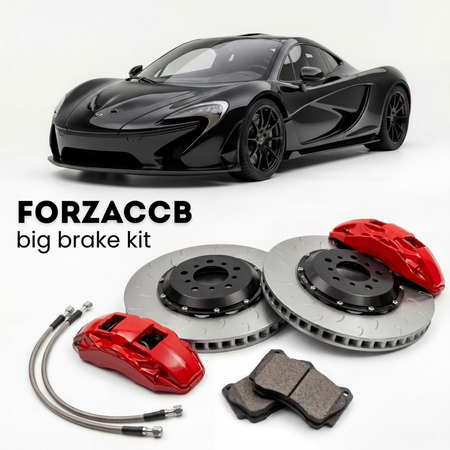 Black McLaren P1 P12 (2013-2015) shown above a ForzaCCB iron rotor big brake kit with 2x red 6-piston front calipers, 2x two-piece floating ventilated brake discs 380 mm, set of brake pads, and brake lines.