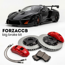 Black McLaren Senna P15 (2018-2020) shown above a ForzaCCB iron rotor big brake kit with 2x red 6-piston front calipers, 2x two-piece floating ventilated brake discs 380 mm, set of brake pads, and brake lines.