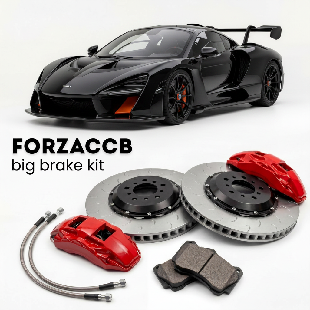 Black McLaren Senna P15 (2018-2020) shown above a ForzaCCB iron rotor big brake kit with 2x red 6-piston front calipers, 2x two-piece floating ventilated brake discs 380 mm, set of brake pads, and brake lines.