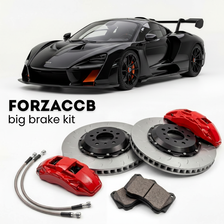 Black McLaren Senna P15 (2018-2020) shown above a ForzaCCB iron rotor big brake kit with 2x red 6-piston front calipers, 2x two-piece floating ventilated brake discs 380 mm, set of brake pads, and brake lines.