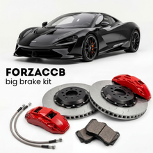 Black McLaren Solus GT Track (2023) shown above a ForzaCCB iron rotor big brake kit with 2x red 6-piston front calipers, 2x two-piece floating ventilated brake discs 380 mm, set of brake pads, and brake lines.