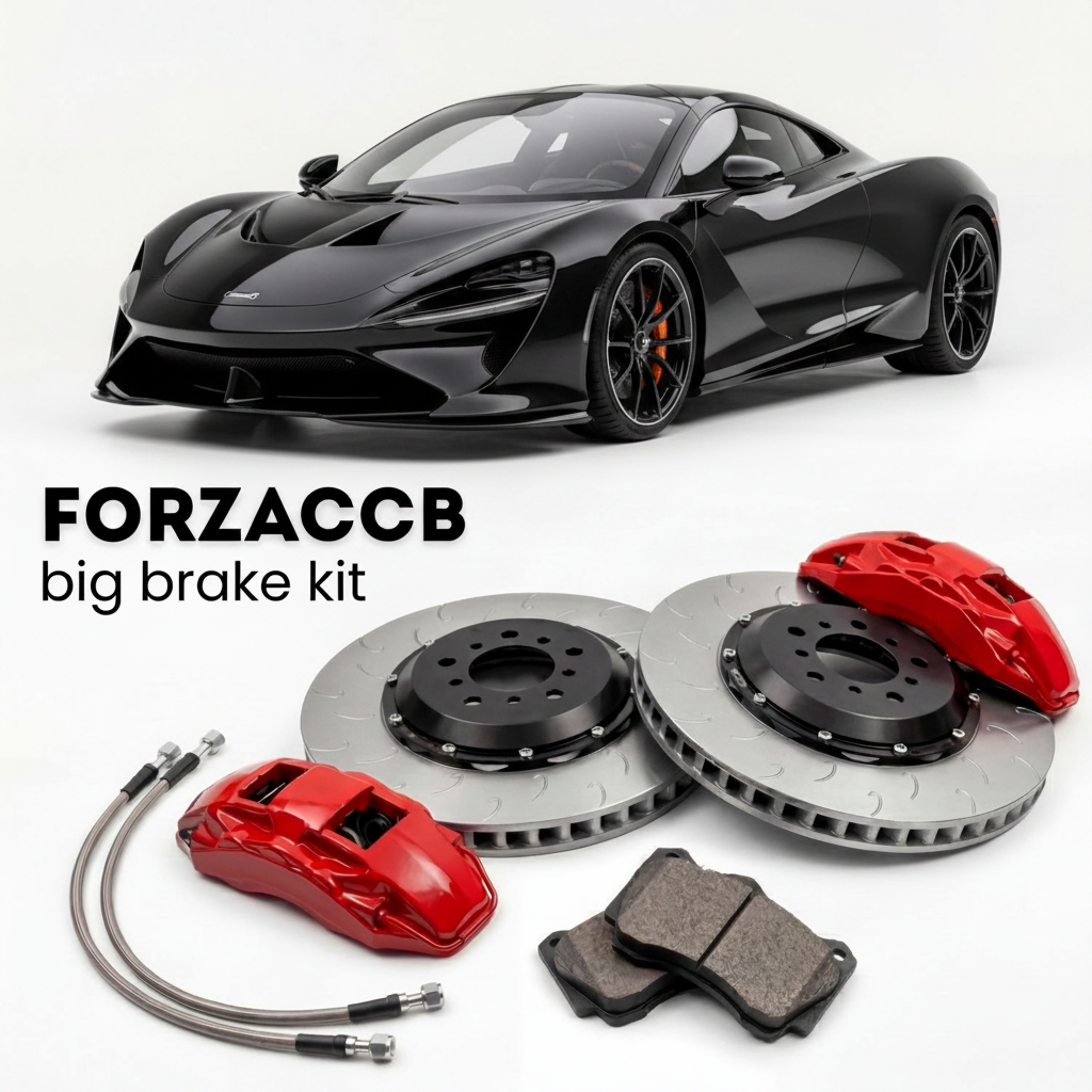 Black McLaren Solus GT Track (2023) shown above a ForzaCCB iron rotor big brake kit with 2x red 6-piston front calipers, 2x two-piece floating ventilated brake discs 380 mm, set of brake pads, and brake lines.
