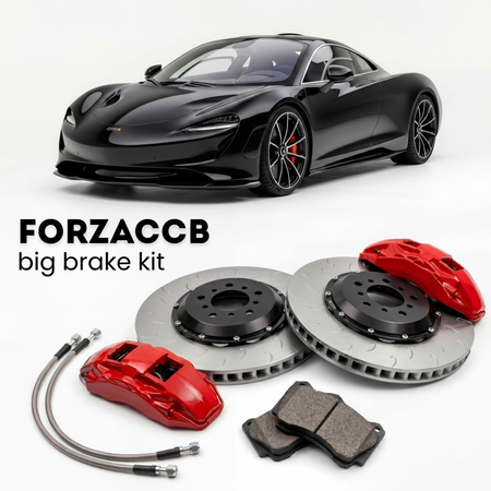 Black McLaren Speedtail P16 (2020) shown above a ForzaCCB iron rotor big brake kit with 2x red 6-piston front calipers, 2x two-piece floating ventilated brake discs 380 mm, set of brake pads, and brake lines.