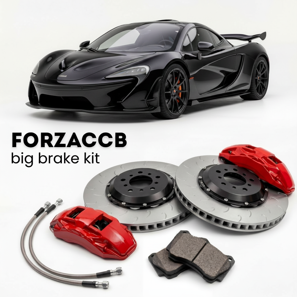 Black McLaren W1 P1 (2025) shown above a ForzaCCB iron rotor big brake kit with 2x red 6-piston front calipers, 2x two-piece floating ventilated brake discs 380 mm, set of brake pads, and brake lines.