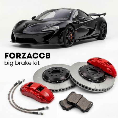 Black McLaren W1 P1 (2025) shown above a ForzaCCB iron rotor big brake kit with 2x red 6-piston front calipers, 2x two-piece floating ventilated brake discs 380 mm, set of brake pads, and brake lines.