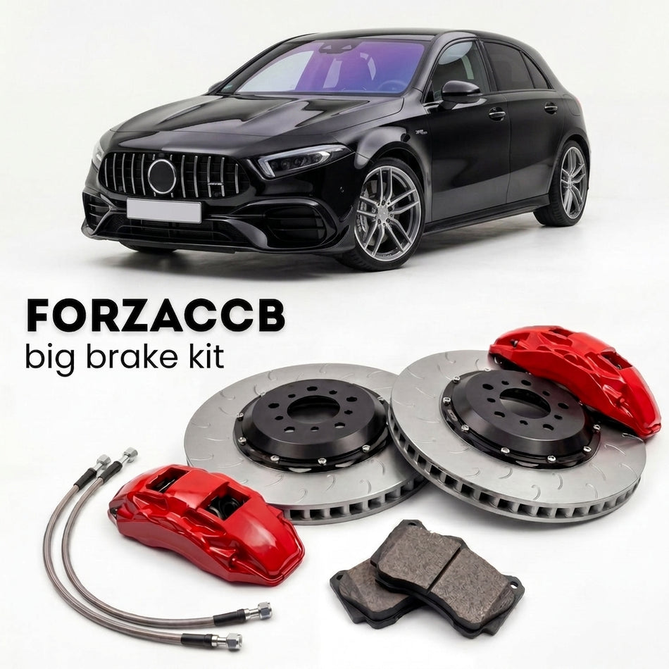 Black Mercedes-Benz A 45 AMG W177/V177 (2018+) shown above a ForzaCCB iron rotor big brake kit with 2x red 6-piston front calipers, 2x two-piece floating ventilated brake discs 380 mm, set of brake pads, and brake lines.