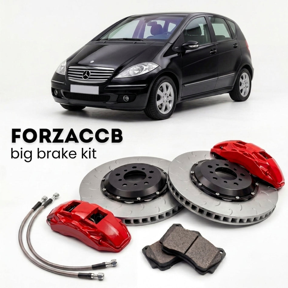 Black Mercedes-Benz A-Class W169 (2005-2012) shown above a ForzaCCB iron rotor big brake kit with 2x red 6-piston front calipers, 2x two-piece floating ventilated brake discs 380 mm, set of brake pads, and brake lines.