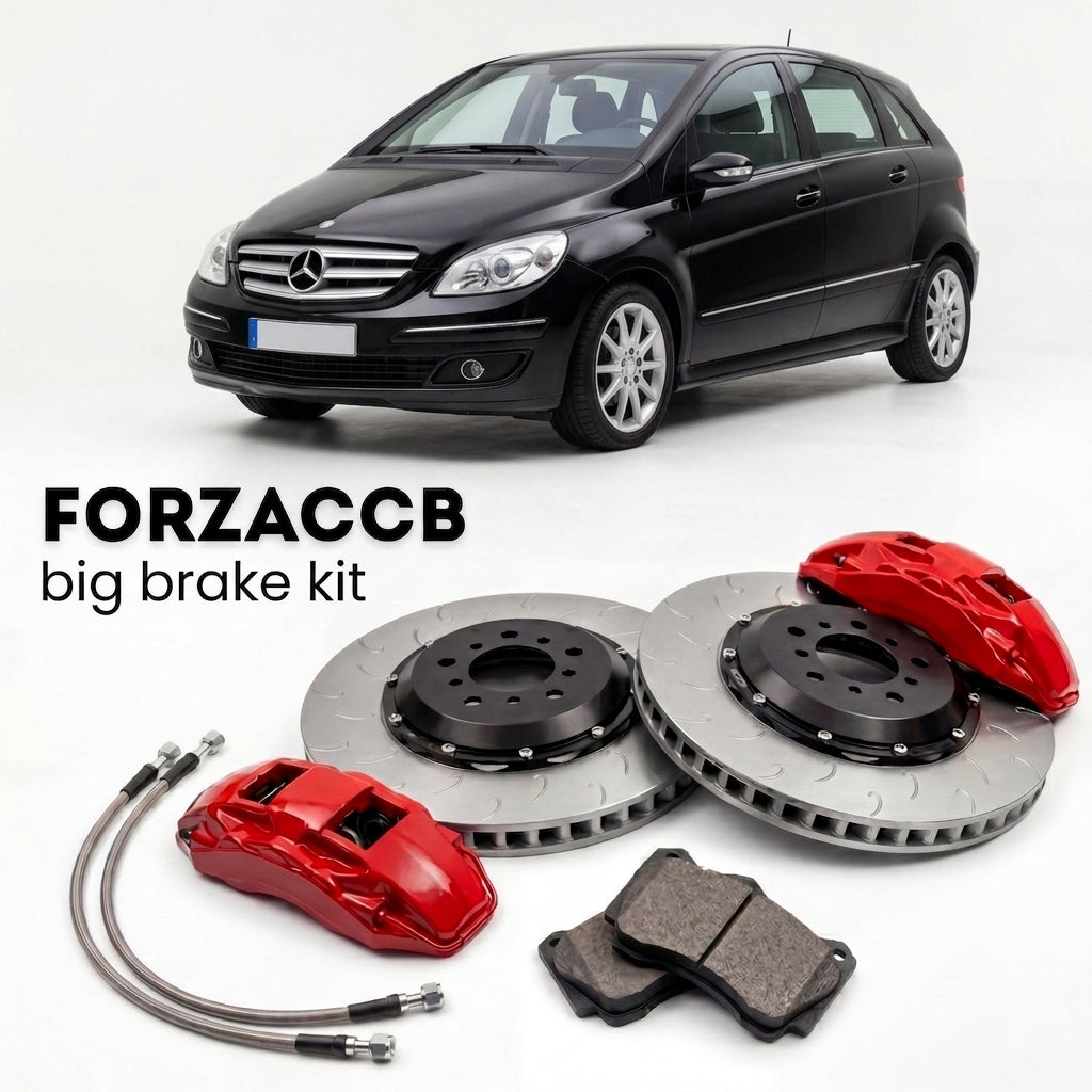 Black Mercedes-Benz B-Class W245 (2005-2011) shown above a ForzaCCB iron rotor big brake kit with 2x red 6-piston front calipers, 2x two-piece floating ventilated brake discs 380 mm, set of brake pads, and brake lines.