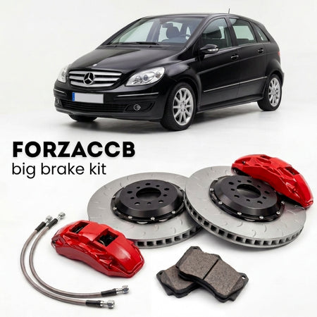Black Mercedes-Benz B-Class W245 (2005-2011) shown above a ForzaCCB iron rotor big brake kit with 2x red 6-piston front calipers, 2x two-piece floating ventilated brake discs 380 mm, set of brake pads, and brake lines.