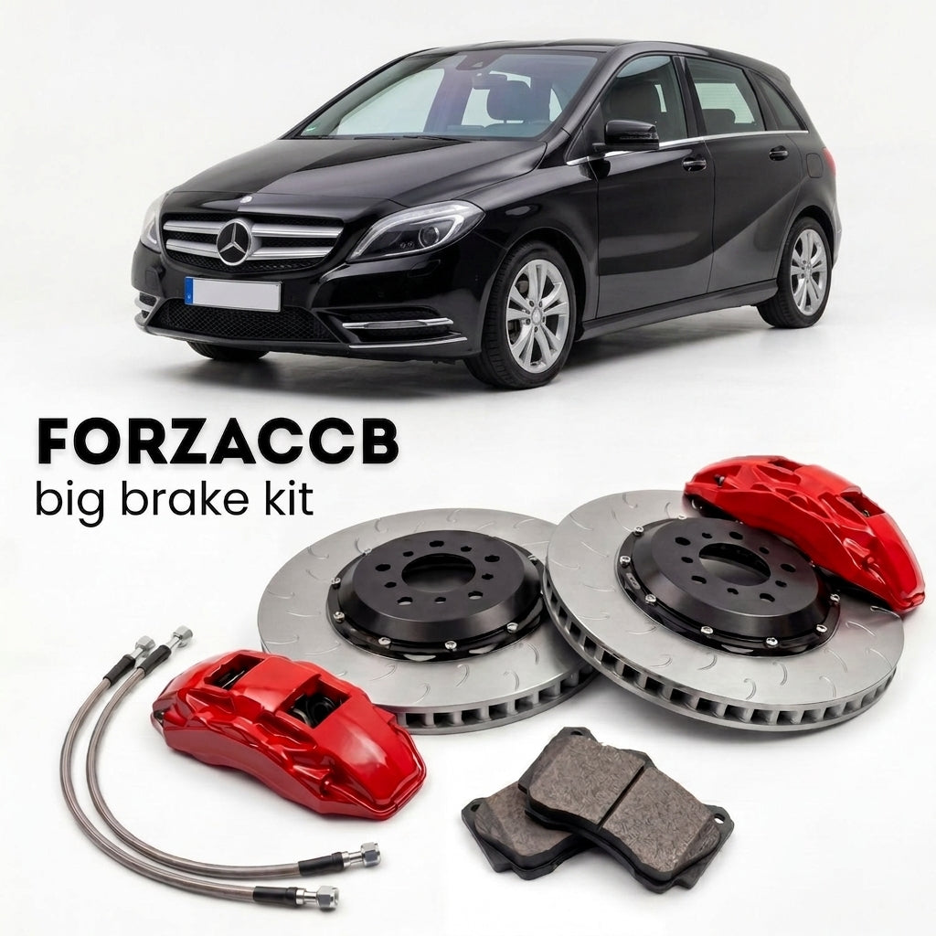 Black Mercedes-Benz B-Class W246 (2011-2018) shown above a ForzaCCB iron rotor big brake kit with 2x red 6-piston front calipers, 2x two-piece floating ventilated brake discs 380 mm, set of brake pads, and brake lines.