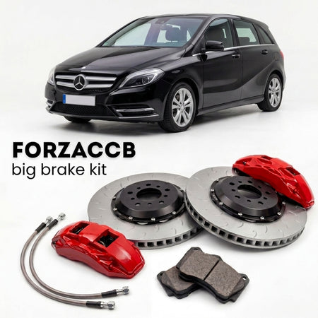Black Mercedes-Benz B-Class W246 (2011-2018) shown above a ForzaCCB iron rotor big brake kit with 2x red 6-piston front calipers, 2x two-piece floating ventilated brake discs 380 mm, set of brake pads, and brake lines.