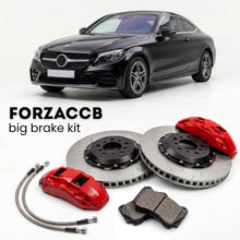 Black Mercedes-Benz C 300 Coupé C205 (2016-2023) shown above a ForzaCCB iron rotor big brake kit with 2x red 6-piston front calipers, 2x two-piece floating ventilated brake discs 380 mm, set of brake pads, and brake lines.