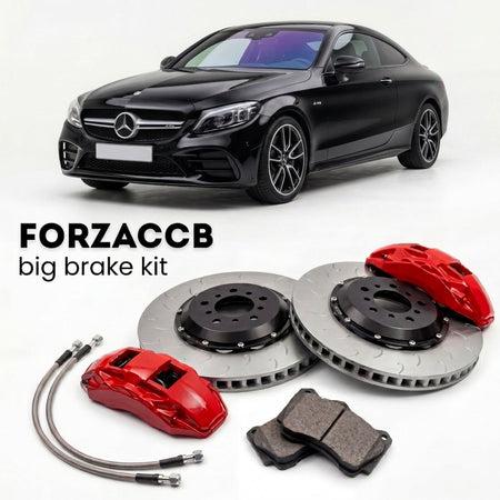 Black Mercedes-Benz C 43 AMG Coupé C205 (2016-2023) shown above a ForzaCCB iron rotor big brake kit with 2x red 6-piston front calipers, 2x two-piece floating ventilated brake discs 380 mm, set of brake pads, and brake lines.