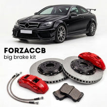 Black Mercedes-Benz C 63 AMG Black Series C204 (2012-2013) shown above a ForzaCCB iron rotor big brake kit with 2x red 6-piston front calipers, 2x two-piece floating ventilated brake discs 380 mm, set of brake pads, and brake lines.