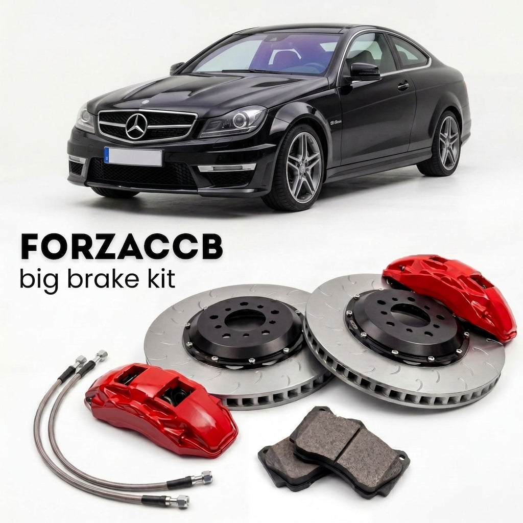 Black Mercedes-Benz C 63 AMG Coupé C204 (2011-2015) shown above a ForzaCCB iron rotor big brake kit with 2x red 6-piston front calipers, 2x two-piece floating ventilated brake discs 380 mm, set of brake pads, and brake lines.