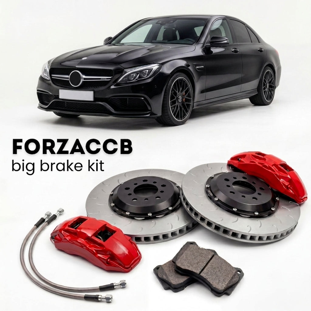Black Mercedes-Benz C 63 AMG W/S205 (2014-2018) shown above a ForzaCCB iron rotor big brake kit with 2x red 6-piston front calipers, 2x two-piece floating ventilated brake discs 380 mm, set of brake pads, and brake lines.