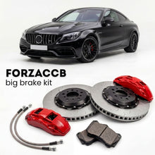 Black Mercedes-Benz C 63 S AMG Coupé C205 (2016-2023) shown above a ForzaCCB iron rotor big brake kit with 2x red 6-piston front calipers, 2x two-piece floating ventilated brake discs 380 mm, set of brake pads, and brake lines.