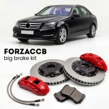 Black Mercedes-Benz C-Class W204 (2007-2014) shown above a ForzaCCB iron rotor big brake kit with 2x red 6-piston front calipers, 2x two-piece floating ventilated brake discs 380 mm, set of brake pads, and brake lines.