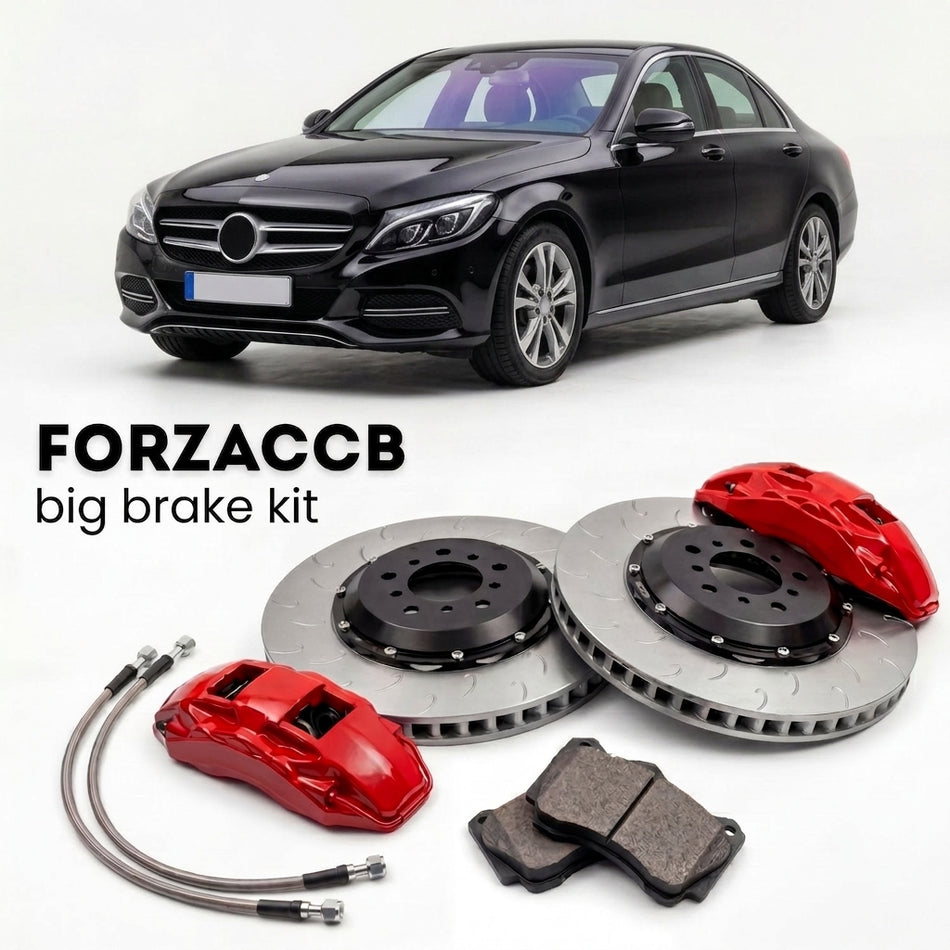 Black Mercedes-Benz C-Class W205 (2014-2021) shown above a ForzaCCB iron rotor big brake kit with 2x red 6-piston front calipers, 2x two-piece floating ventilated brake discs 380 mm, set of brake pads, and brake lines.