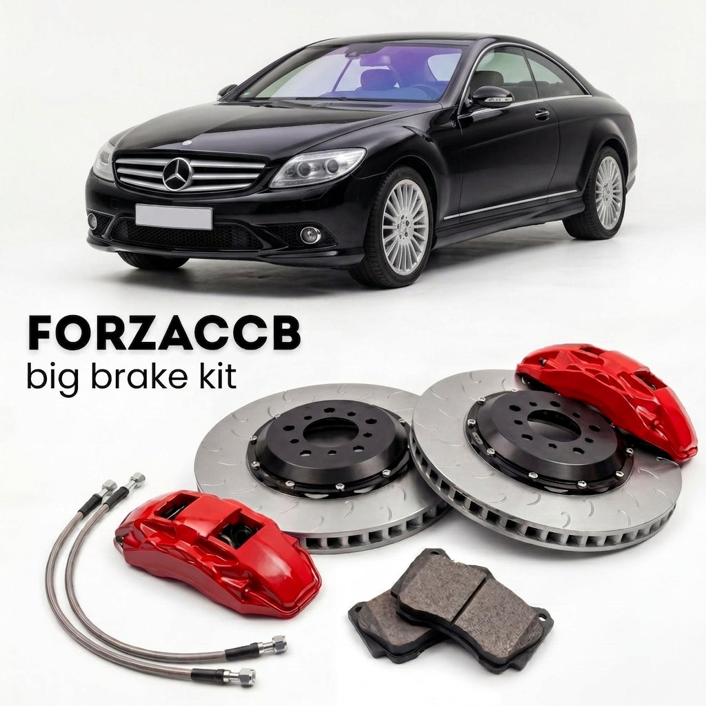 Black Mercedes-Benz CL 550 Coupé C216 (2006-2014) shown above a ForzaCCB iron rotor big brake kit with 2x red 6-piston front calipers, 2x two-piece floating ventilated brake discs 380 mm, set of brake pads, and brake lines.