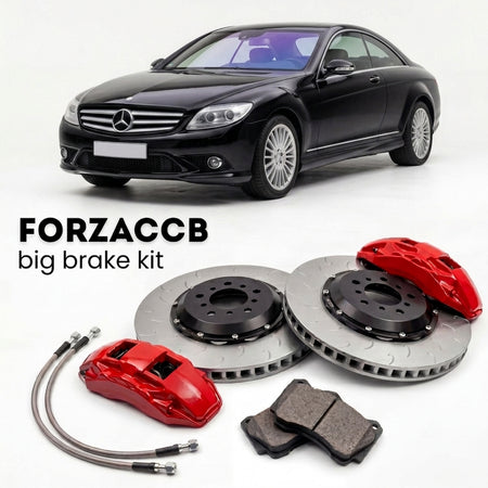 Black Mercedes-Benz CL 550 Coupé C216 (2006-2014) shown above a ForzaCCB iron rotor big brake kit with 2x red 6-piston front calipers, 2x two-piece floating ventilated brake discs 380 mm, set of brake pads, and brake lines.