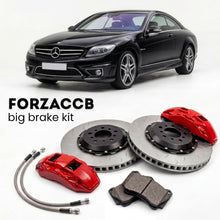Black Mercedes-Benz CL 63 / 65 AMG C216 (2007-2014) shown above a ForzaCCB iron rotor big brake kit with 2x red 6-piston front calipers, 2x two-piece floating ventilated brake discs 380 mm, set of brake pads, and brake lines.