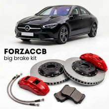 Black Mercedes-Benz CLA-Class C118 (2019+) shown above a ForzaCCB iron rotor big brake kit with 2x red 6-piston front calipers, 2x two-piece floating ventilated brake discs 380 mm, set of brake pads, and brake lines.