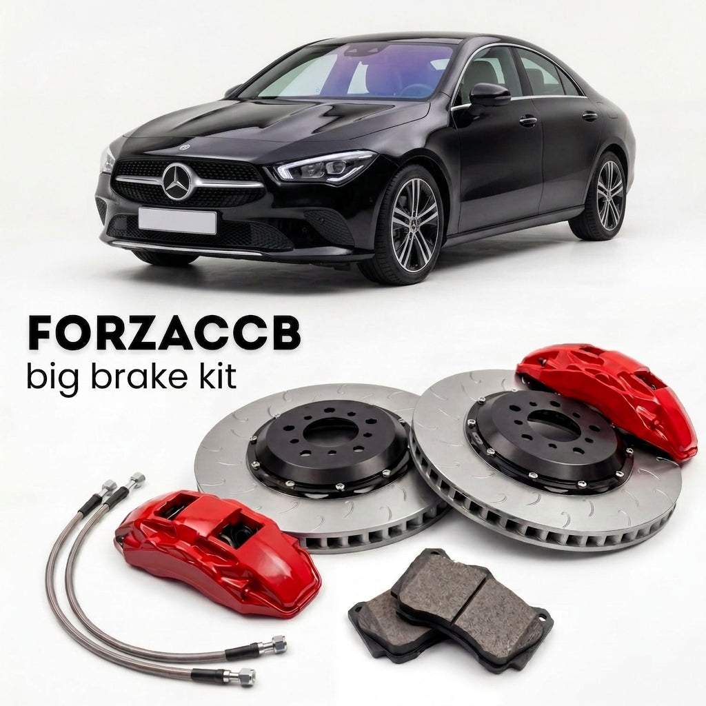 Black Mercedes-Benz CLA-Class C118 (2019+) shown above a ForzaCCB iron rotor big brake kit with 2x red 6-piston front calipers, 2x two-piece floating ventilated brake discs 380 mm, set of brake pads, and brake lines.