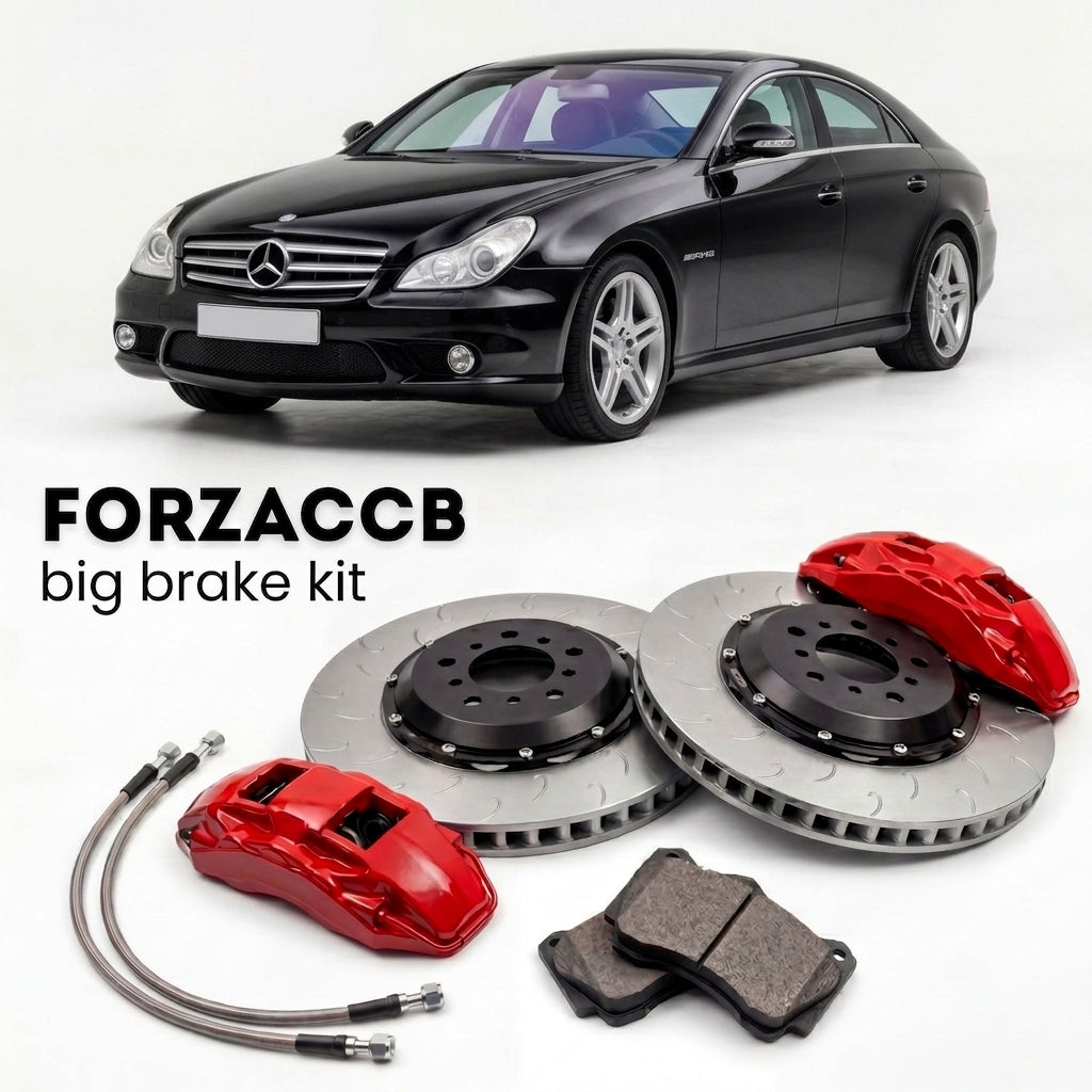 Black Mercedes-Benz CLS 55 AMG C219 (2005-2006) shown above a ForzaCCB iron rotor big brake kit with 2x red 6-piston front calipers, 2x two-piece floating ventilated brake discs 380 mm, set of brake pads, and brake lines.