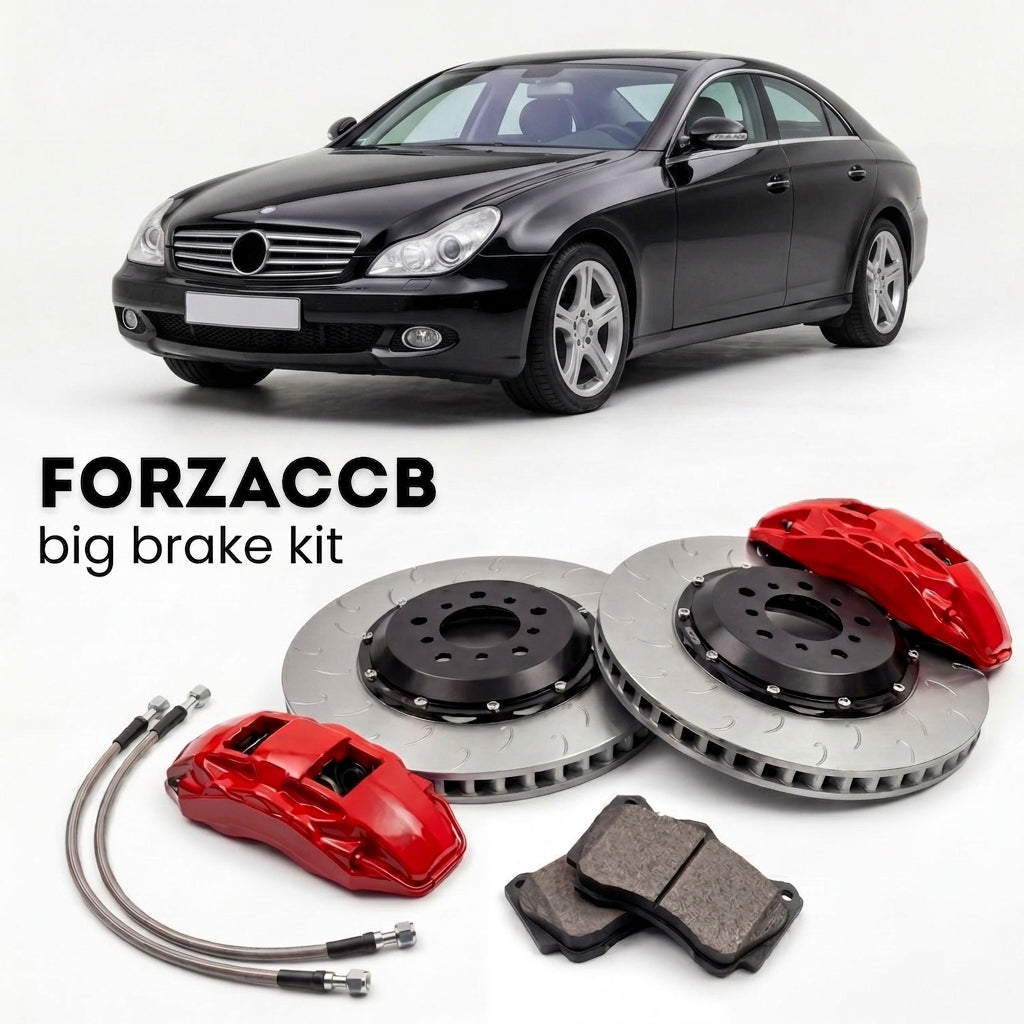 Black Mercedes-Benz CLS-Class C219 (2005-2010) shown above a ForzaCCB iron rotor big brake kit with 2x red 6-piston front calipers, 2x two-piece floating ventilated brake discs 380 mm, set of brake pads, and brake lines.