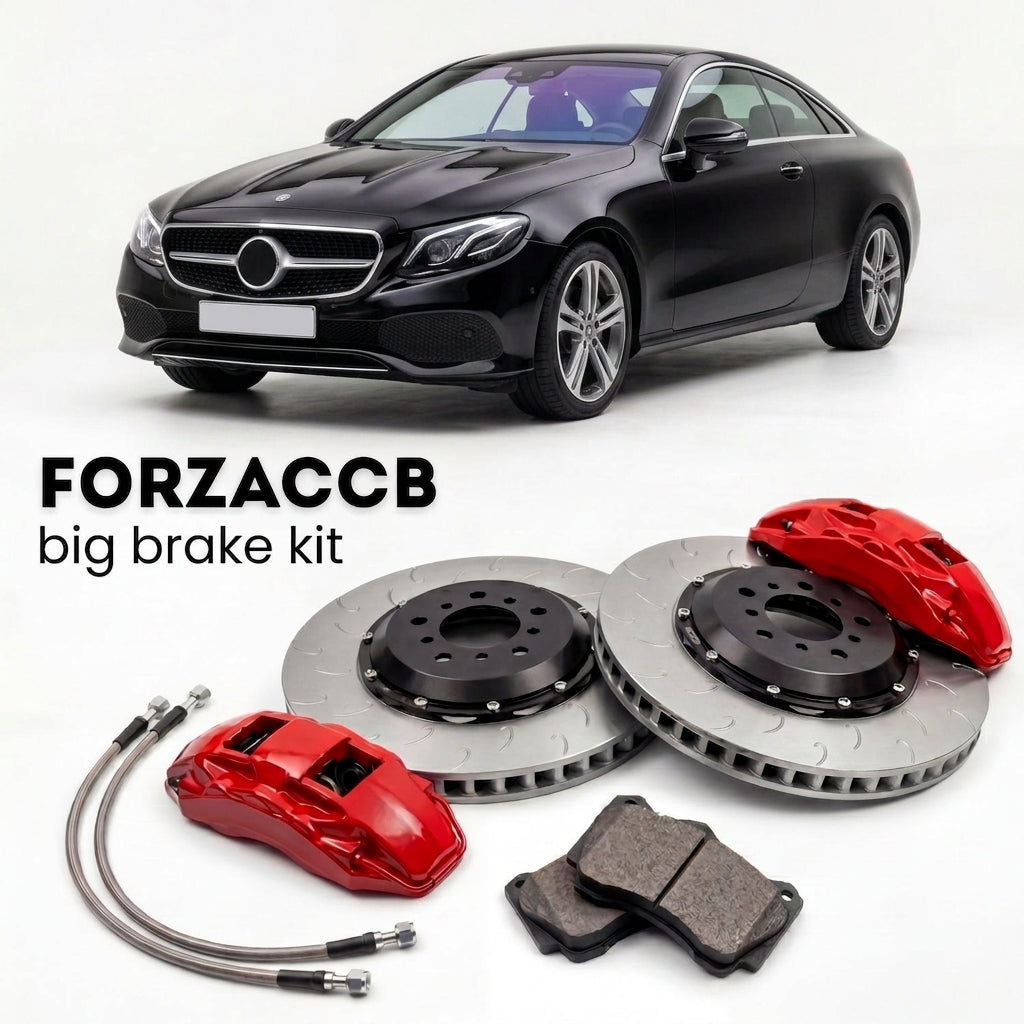 Black Mercedes-Benz E 450 Coupé C238 (2017-2023) shown above a ForzaCCB iron rotor big brake kit with 2x red 6-piston front calipers, 2x two-piece floating ventilated brake discs 380 mm, set of brake pads, and brake lines.