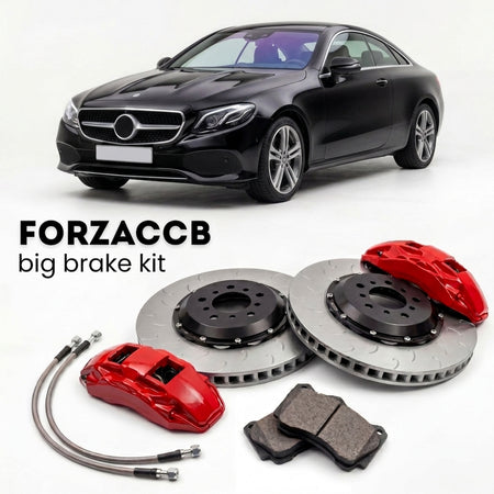 Black Mercedes-Benz E 450 Coupé C238 (2017-2023) shown above a ForzaCCB iron rotor big brake kit with 2x red 6-piston front calipers, 2x two-piece floating ventilated brake discs 380 mm, set of brake pads, and brake lines.