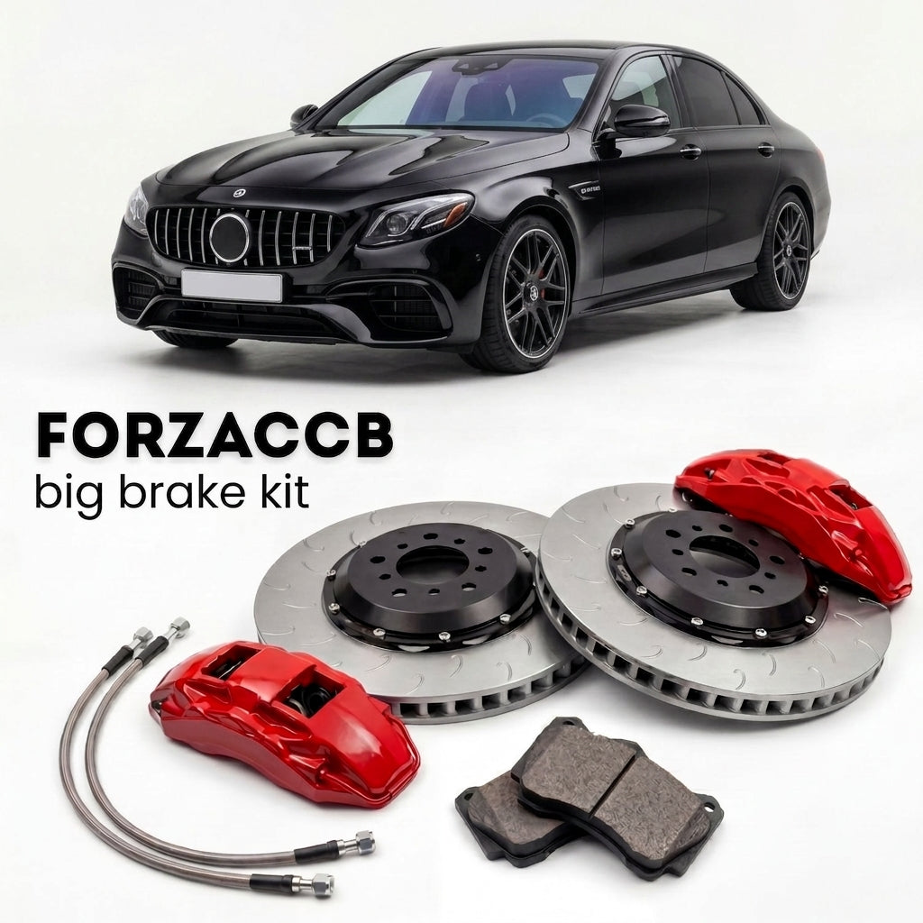 Black Mercedes-Benz E 63 AMG W213 (2016-2023) shown above a ForzaCCB iron rotor big brake kit with 2x red 6-piston front calipers, 2x two-piece floating ventilated brake discs 380 mm, set of brake pads, and brake lines.