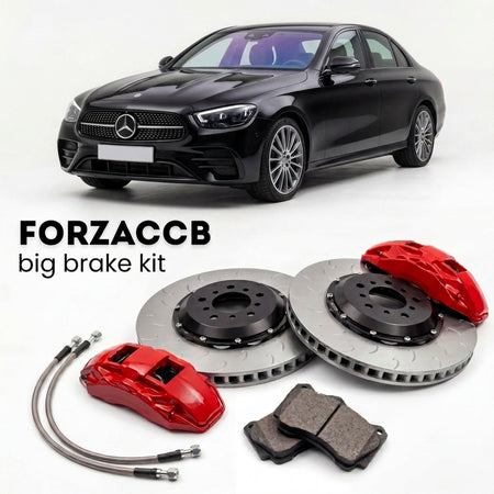 Black Mercedes-Benz E-Class W213 (2016-2023) shown above a ForzaCCB iron rotor big brake kit with 2x red 6-piston front calipers, 2x two-piece floating ventilated brake discs 380 mm, set of brake pads, and brake lines.