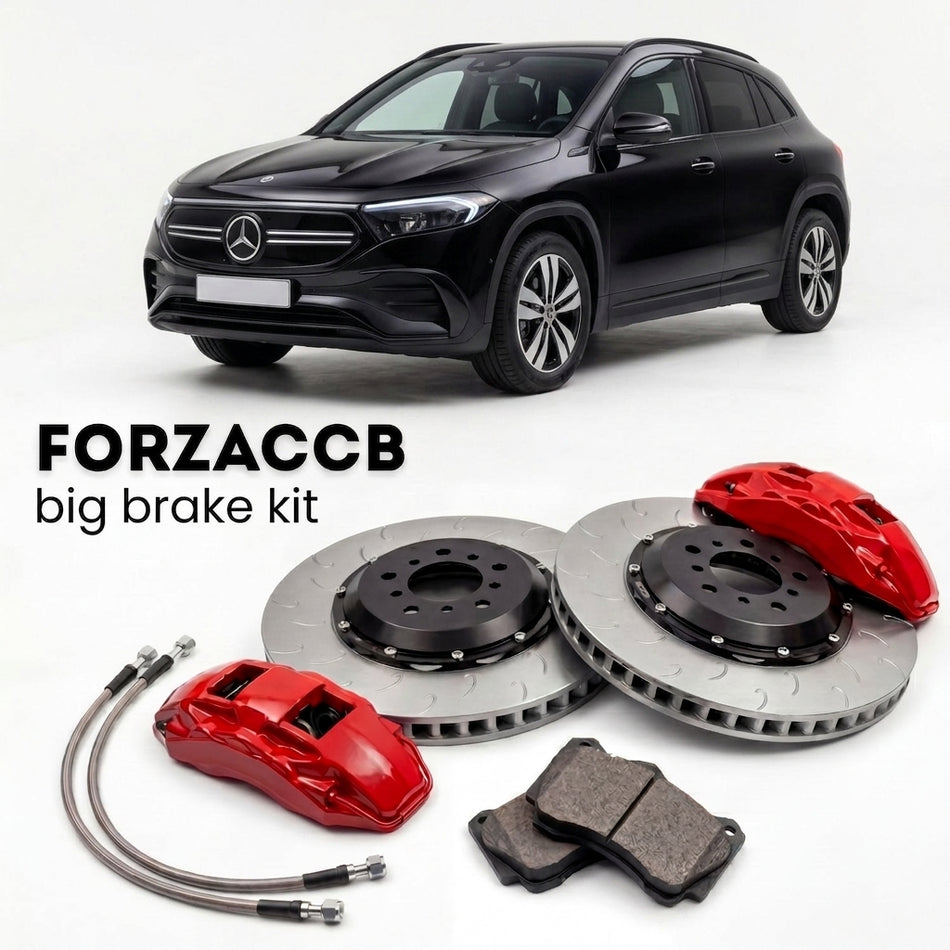 Black Mercedes-Benz EQA H243 (2021+) shown above a ForzaCCB iron rotor big brake kit with 2x red 6-piston front calipers, 2x two-piece floating ventilated brake discs 380 mm, set of brake pads, and brake lines.