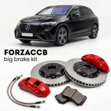 Black Mercedes-Benz EQE SUV X294 (2022+) shown above a ForzaCCB iron rotor big brake kit with 2x red 6-piston front calipers, 2x two-piece floating ventilated brake discs 380 mm, set of brake pads, and brake lines.