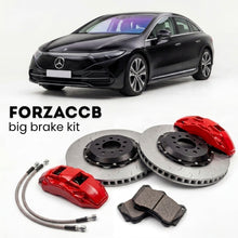Black Mercedes-Benz EQS V297 (2021+) shown above a ForzaCCB iron rotor big brake kit with 2x red 6-piston front calipers, 2x two-piece floating ventilated brake discs 380 mm, set of brake pads, and brake lines.