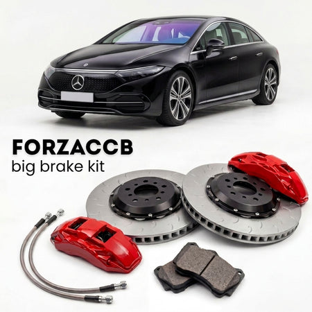 Black Mercedes-Benz EQS V297 (2021+) shown above a ForzaCCB iron rotor big brake kit with 2x red 6-piston front calipers, 2x two-piece floating ventilated brake discs 380 mm, set of brake pads, and brake lines.