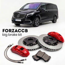 Black Mercedes-Benz EQV W447 (2020+) shown above a ForzaCCB iron rotor big brake kit with 2x red 6-piston front calipers, 2x two-piece floating ventilated brake discs 380 mm, set of brake pads, and brake lines.
