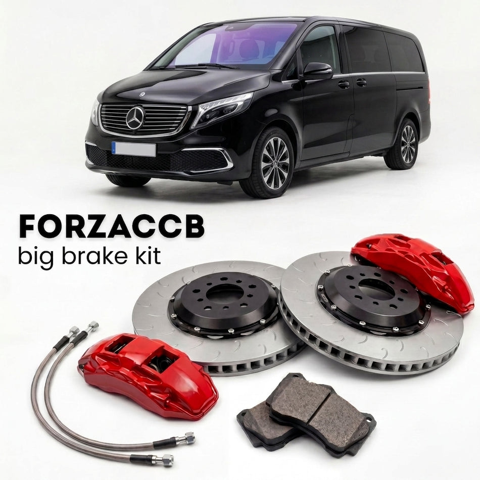 Black Mercedes-Benz EQV W447 (2020+) shown above a ForzaCCB iron rotor big brake kit with 2x red 6-piston front calipers, 2x two-piece floating ventilated brake discs 380 mm, set of brake pads, and brake lines.