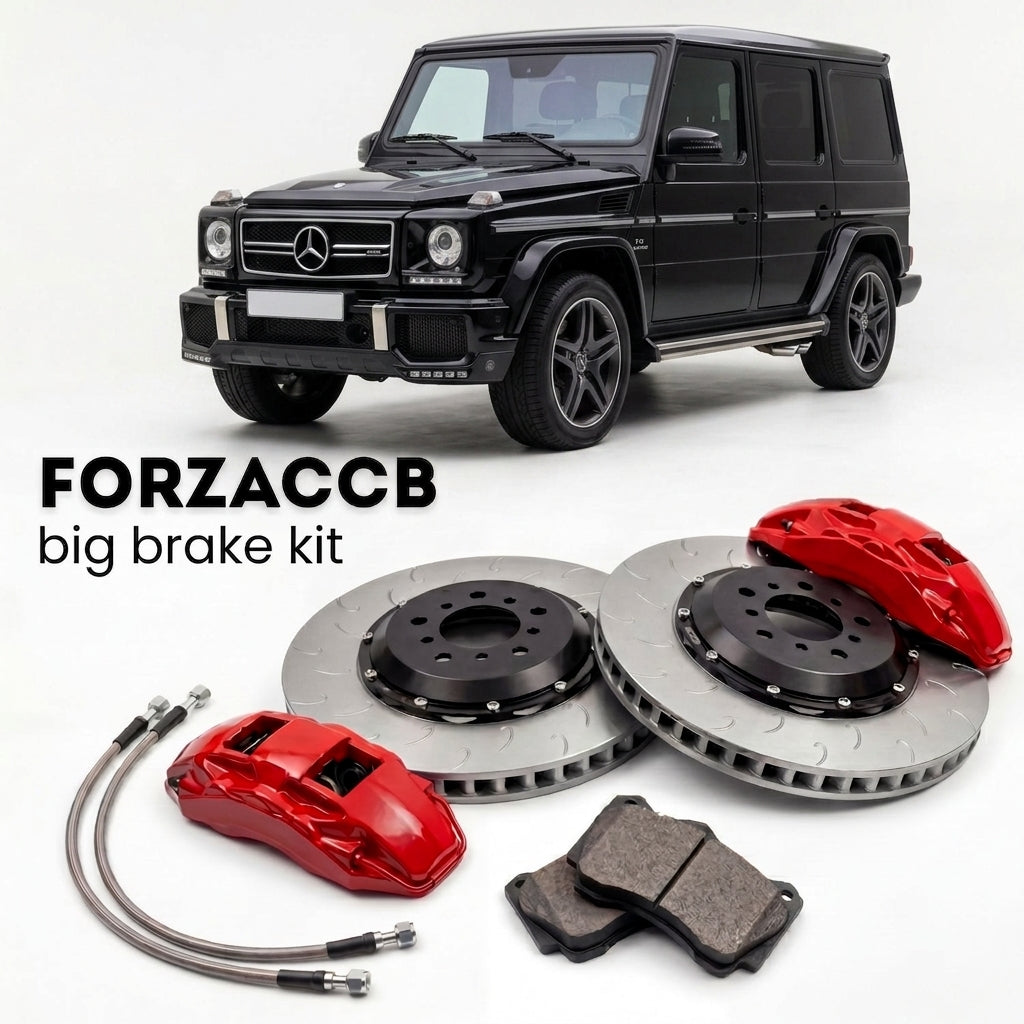 Black Mercedes-Benz G 63 AMG W463 (2012-2018) shown above a ForzaCCB iron rotor big brake kit with 2x red 6-piston front calipers, 2x two-piece floating ventilated brake discs 380 mm, set of brake pads, and brake lines.