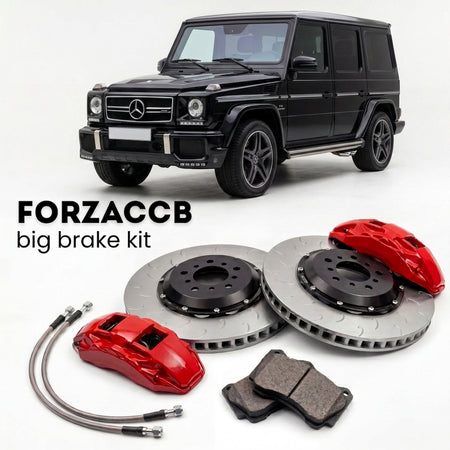 Black Mercedes-Benz G 63 AMG W463 (2012-2018) shown above a ForzaCCB iron rotor big brake kit with 2x red 6-piston front calipers, 2x two-piece floating ventilated brake discs 380 mm, set of brake pads, and brake lines.