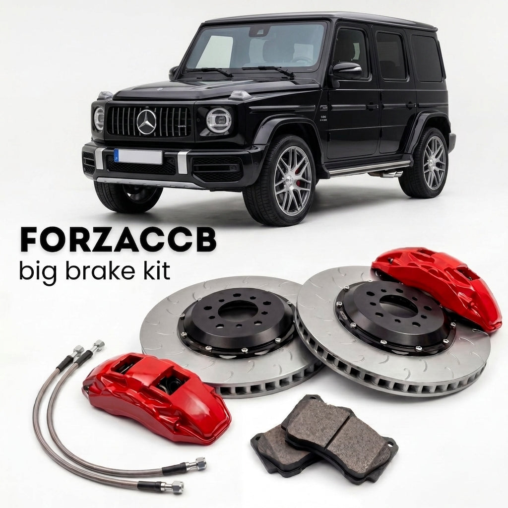 Black Mercedes-Benz G 63 AMG W463A (2019+) shown above a ForzaCCB iron rotor big brake kit with 2x red 6-piston front calipers, 2x two-piece floating ventilated brake discs 380 mm, set of brake pads, and brake lines.