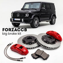 Black Mercedes-Benz G 63 AMG W463A (2019+) shown above a ForzaCCB iron rotor big brake kit with 2x red 6-piston front calipers, 2x two-piece floating ventilated brake discs 380 mm, set of brake pads, and brake lines.