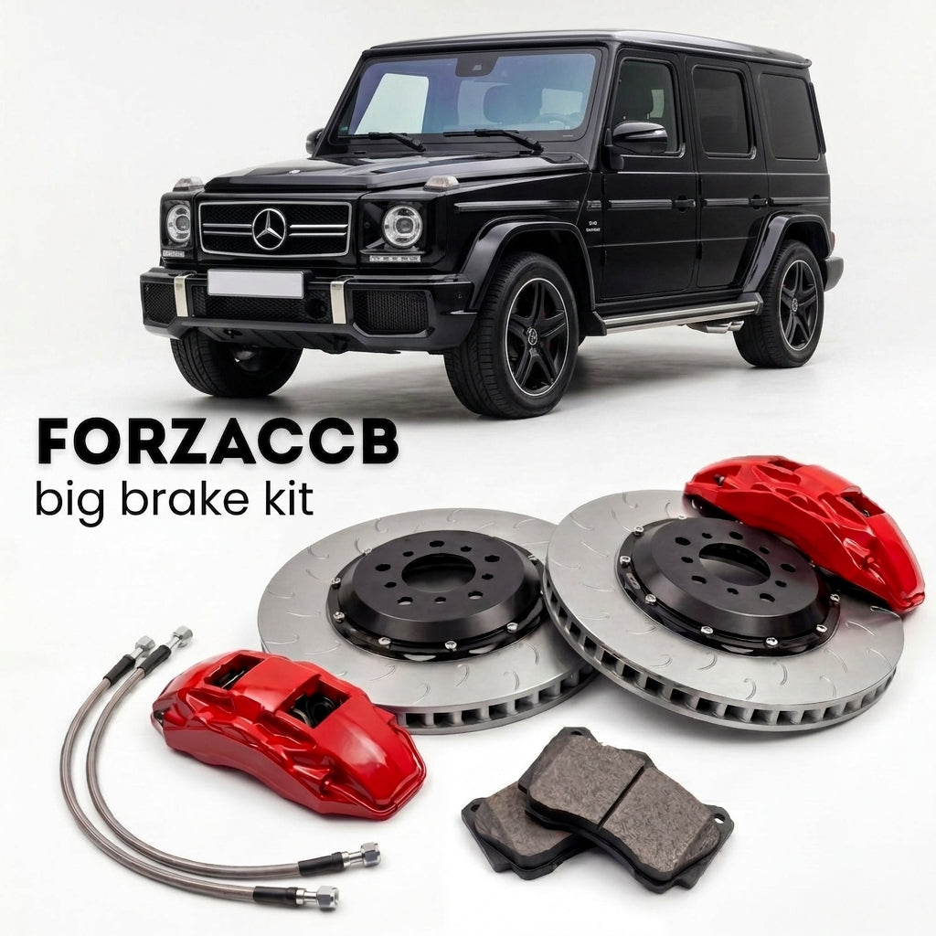 Black Mercedes-Benz G-Class W463 (2005-2018) shown above a ForzaCCB iron rotor big brake kit with 2x red 6-piston front calipers, 2x two-piece floating ventilated brake discs 380 mm, set of brake pads, and brake lines.